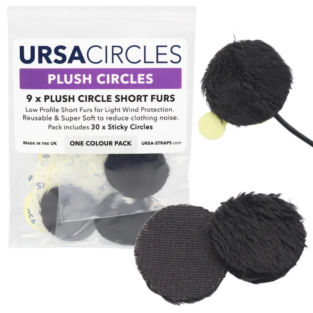 Black plush circle short furs, 9-pack in clear bag