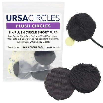 Black plush circle short furs, 9-pack in clear bag