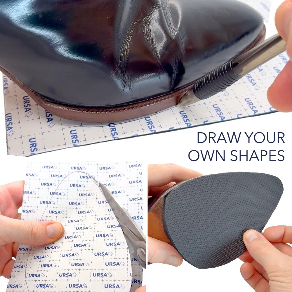 Gray sole cover sheet with adhesive tape applied under a leather shoe