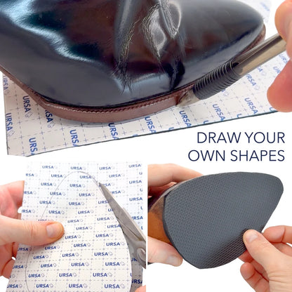 Gray sole cover sheet with adhesive tape applied under a leather shoe