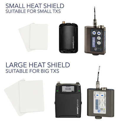 Heat shield foam pads in white and small white covers, shown for small and large setups