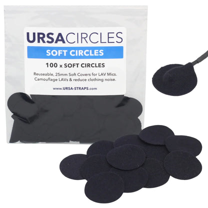 Dark navy/black round LAV mic soft cover pads, multipack of circular pads.