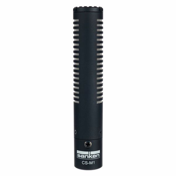 Sanken shotgun microphone, dark cylindrical body with front grille and side controls
