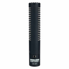 Sanken shotgun microphone, dark cylindrical body with front grille and side controls