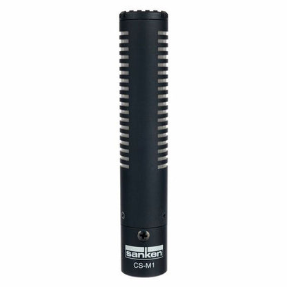 Sanken shotgun microphone, dark cylindrical body with front grille and side controls