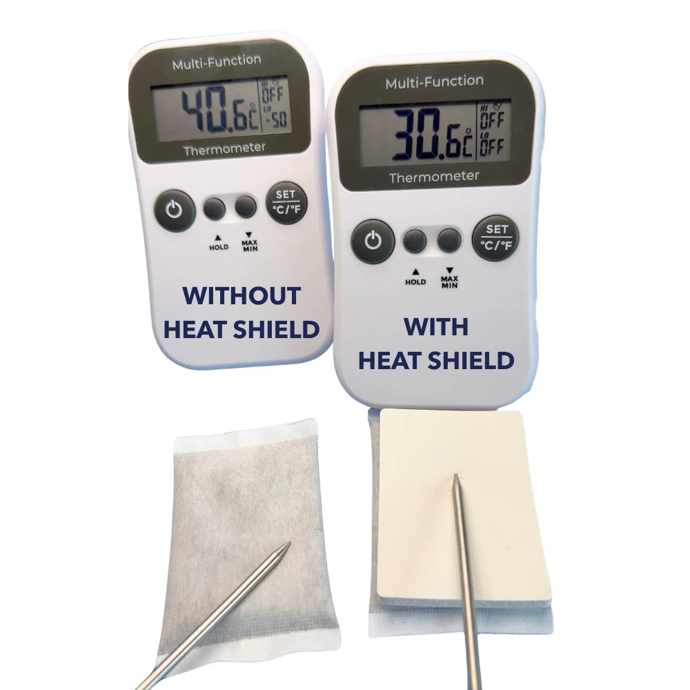 Heat shield kit with two thermometer displays and beige fabric pad covers