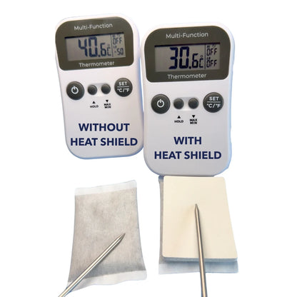 Heat shield kit with two thermometer displays and beige fabric pad covers