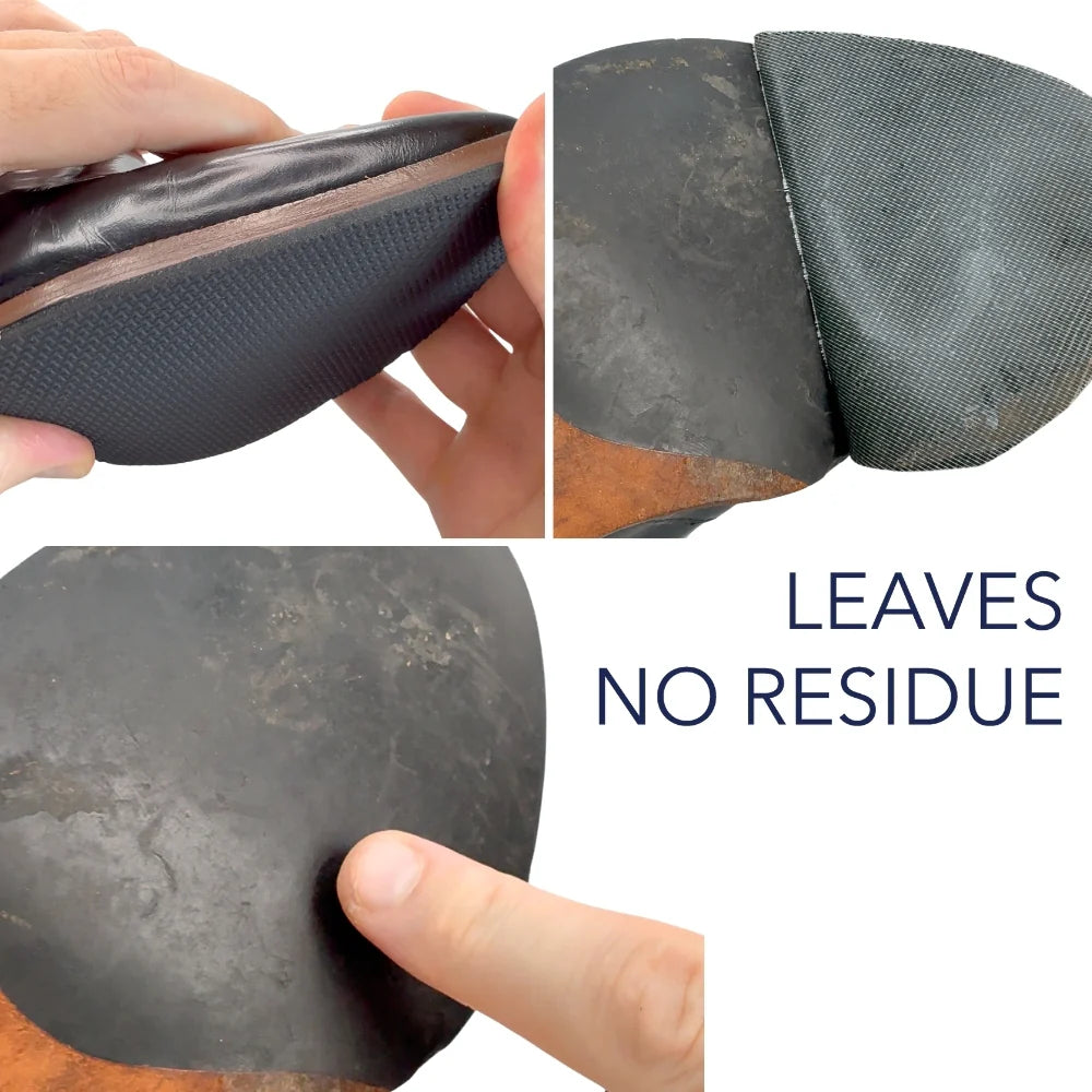 Dark gray sole cover being trimmed and pressed onto a shoe
