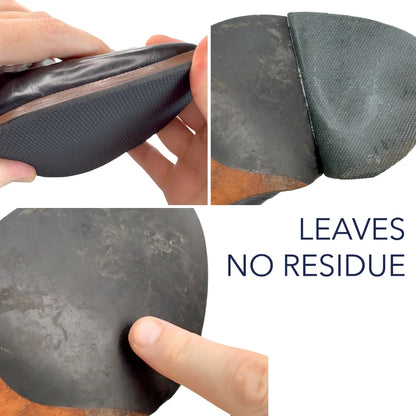 Dark gray sole cover being trimmed and pressed onto a shoe