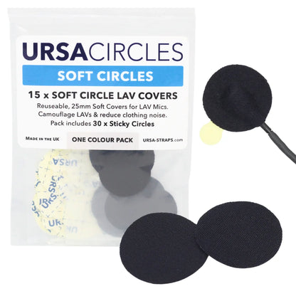 Black round LAV mic soft cover pads with stickies and a mic attachment.