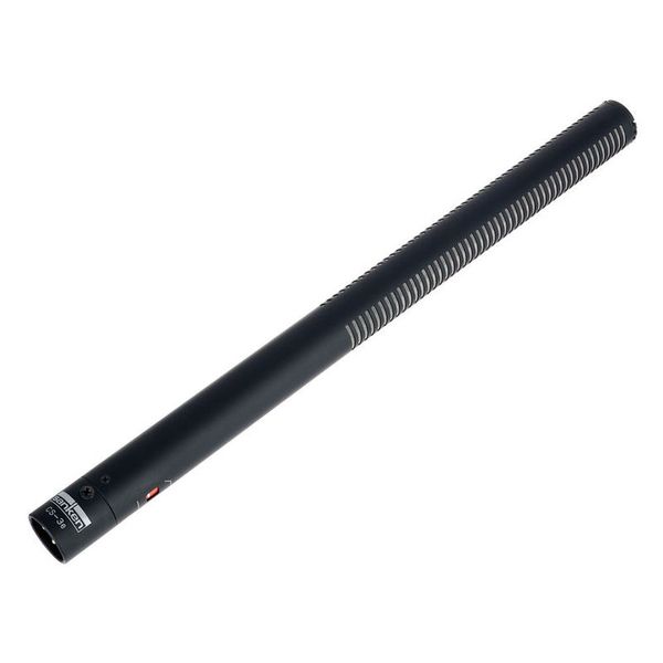 Shotgun microphone with ribbed grille and angled view of the front connector end