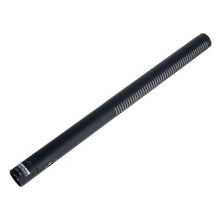 Shotgun microphone with ribbed grille and angled view of the front connector end