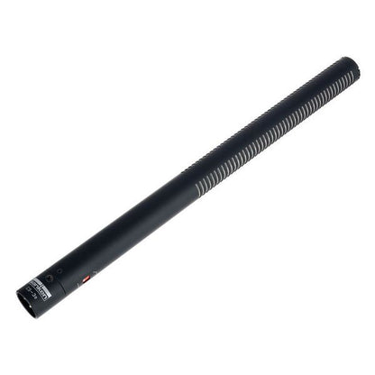 Shotgun microphone with ribbed grille and angled view of the front connector end