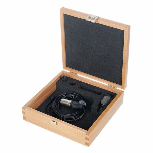 Microphone amplifier in wood case with coiled cable and connector