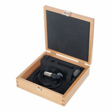 Microphone amplifier in wood case with coiled cable and connector