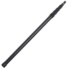 Black 12 ft boom pole with segmented sections and mounting hardware at the tip
