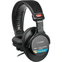 Black over-ear monitoring headphones with padded headband, SONY logo, wired connection