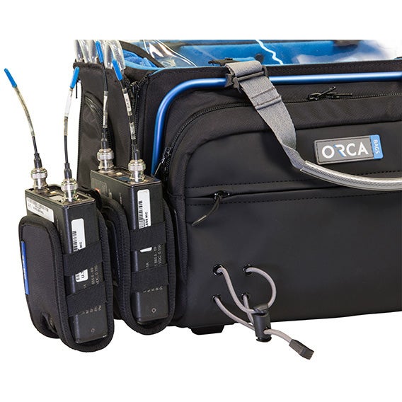 ORCA OR-39 black double pouch with gray strap, front pockets, and dual cable holders