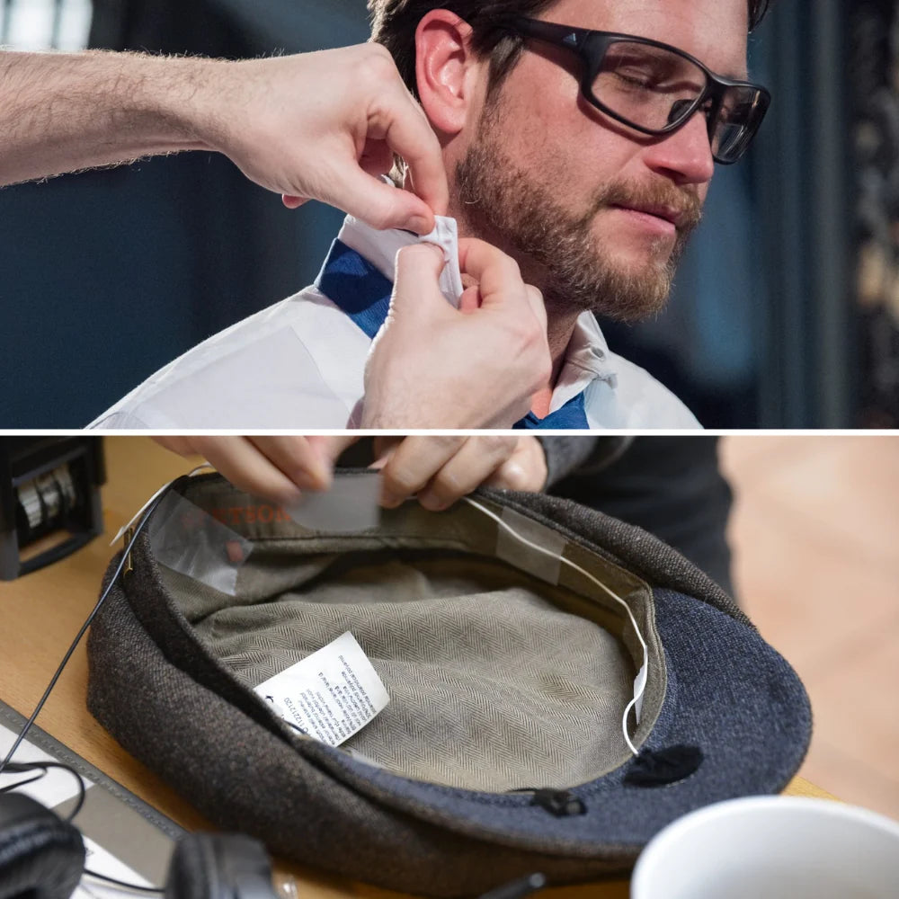 Light fabric adhesive circle on a stick, pressed onto a shirt collar