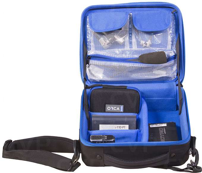 Small blue hard-shell accessory bag with zip organizer and front pockets, ORCA logo