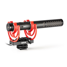 RØDE VideoMic NTG on-camera shotgun microphone in red shock mount