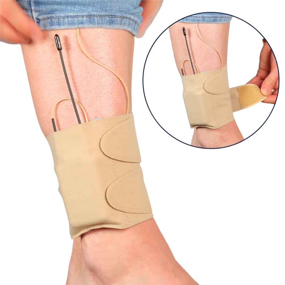Beige ankle and calf strap with front pouch and cord opening, worn on bare lower leg