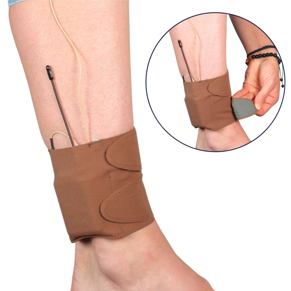 Brown ankle and calf strap with front pouch pocket and cord opening, worn on lower leg