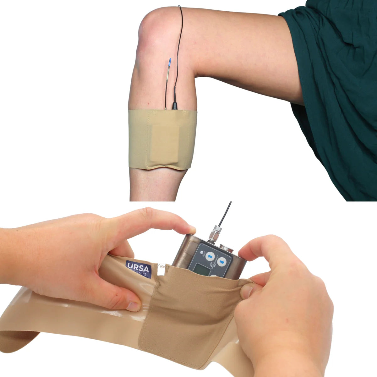 Beige calf strap with hook-and-loop patch holding a small transmitter device.