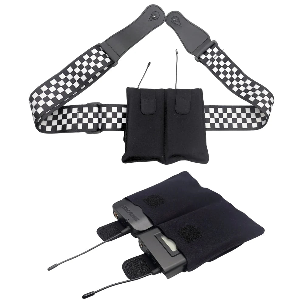 Black dual-pocket pouch with snap flaps and checkered shoulder straps