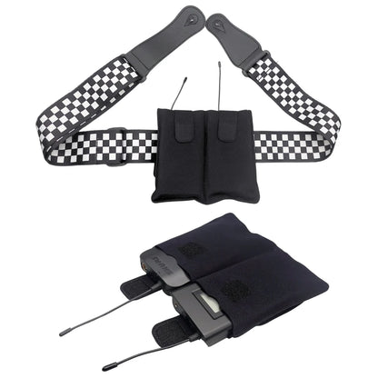 Black dual-pocket pouch with snap flaps and checkered shoulder straps