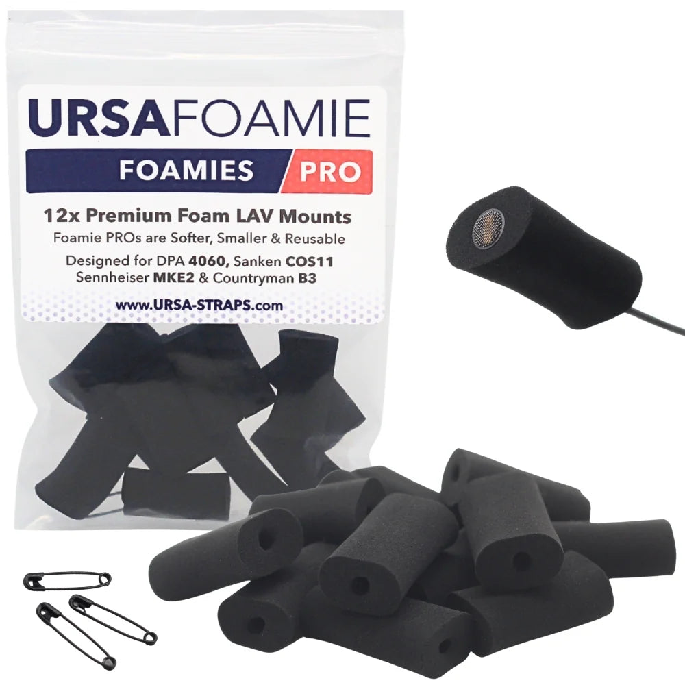 Black foam lav mic mounts with included clips, 12-pack in clear pouch