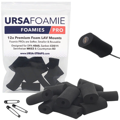 Black foam lav mic mounts with included clips, 12-pack in clear pouch