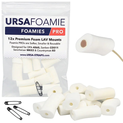 White foam lav mic mounts with included clips, 12-pack in clear pouch