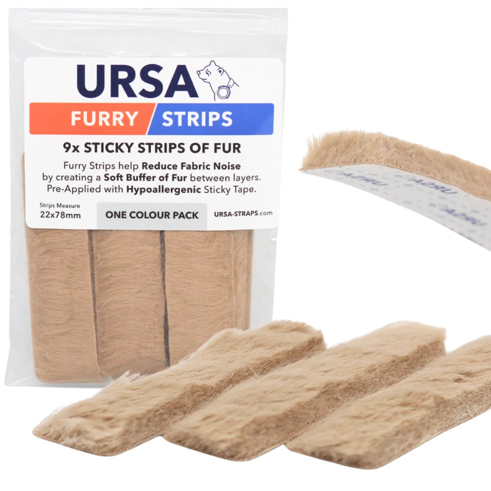 Beige fur sticky strips for reducing clothing noise, shown with retail pack