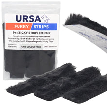 Black fur sticky strips for reducing clothing noise, shown with retail pack