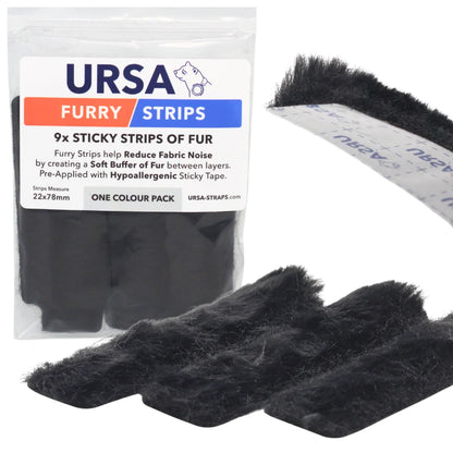 Black fur sticky strips for reducing clothing noise, shown with retail pack
