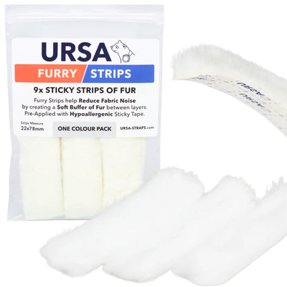 White fur sticky strips for reducing clothing noise, shown with retail pack