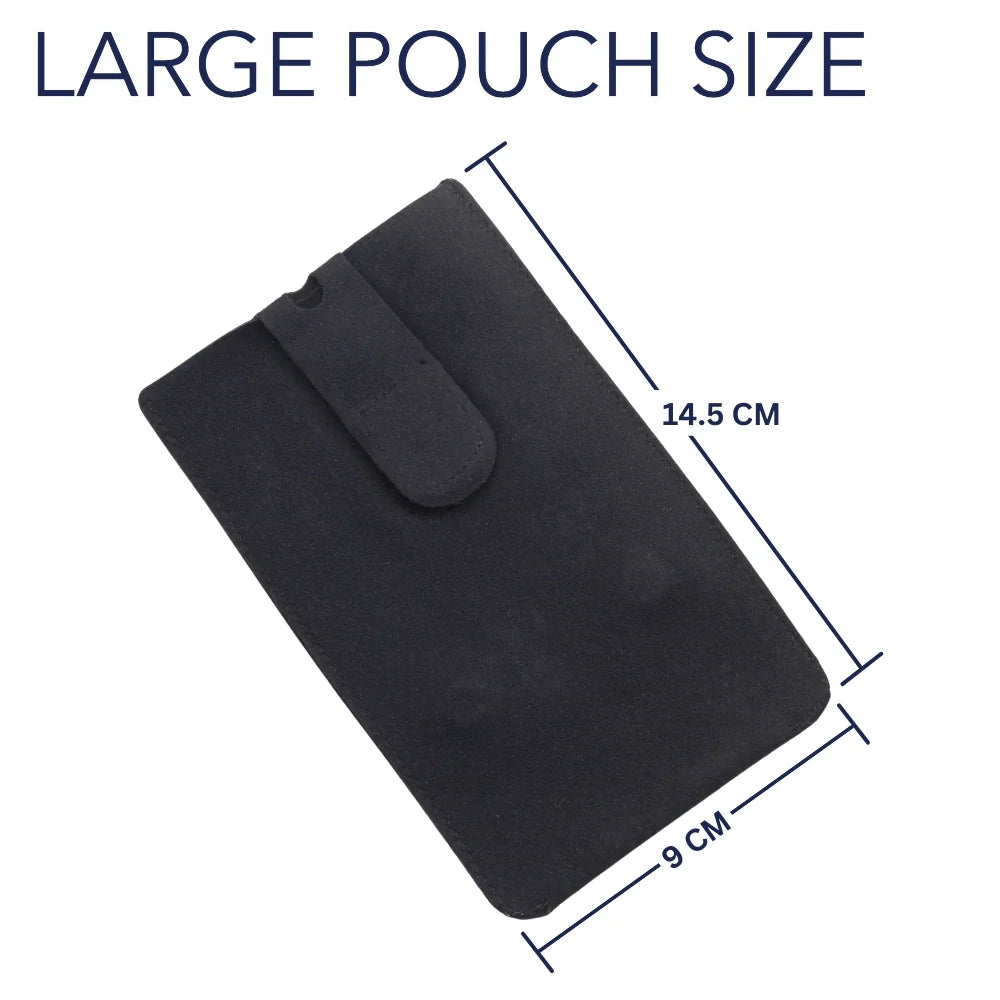 Large black pouch size 14.5 cm by 9 cm, with snap button flap