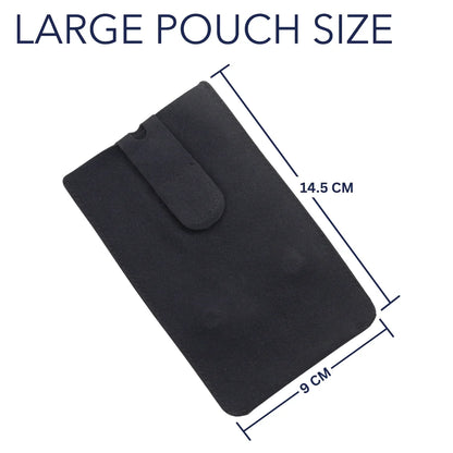 Large black pouch size 14.5 cm by 9 cm, with snap button flap