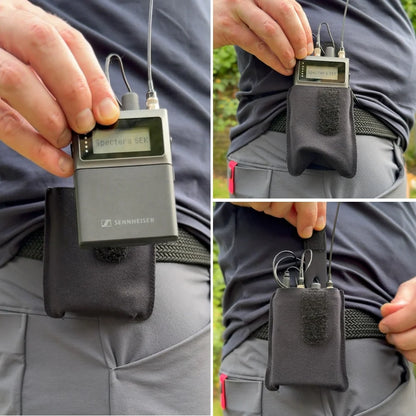 Black pouch holding a wireless receiver pack attached at a waistband