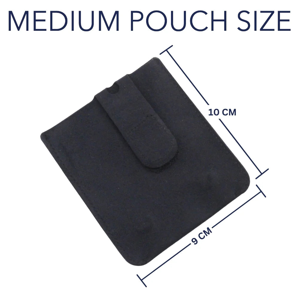 Black medium pouch with snap-closure flap and carry tab, size 9 x 10 cm