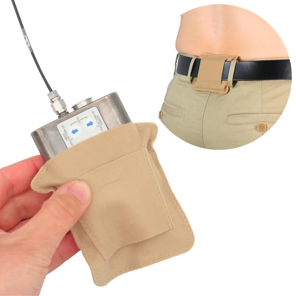 Beige belt pouch with clip loop, shown held in hand and worn at the waist