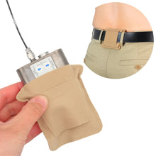 Beige belt pouch with clip loop, shown held in hand and worn at the waist