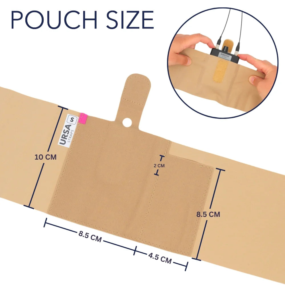 Beige single pouch with strap, shown with size proportions and front pocket panel.
