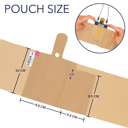 Beige single pouch with strap, shown with size proportions and front pocket panel.