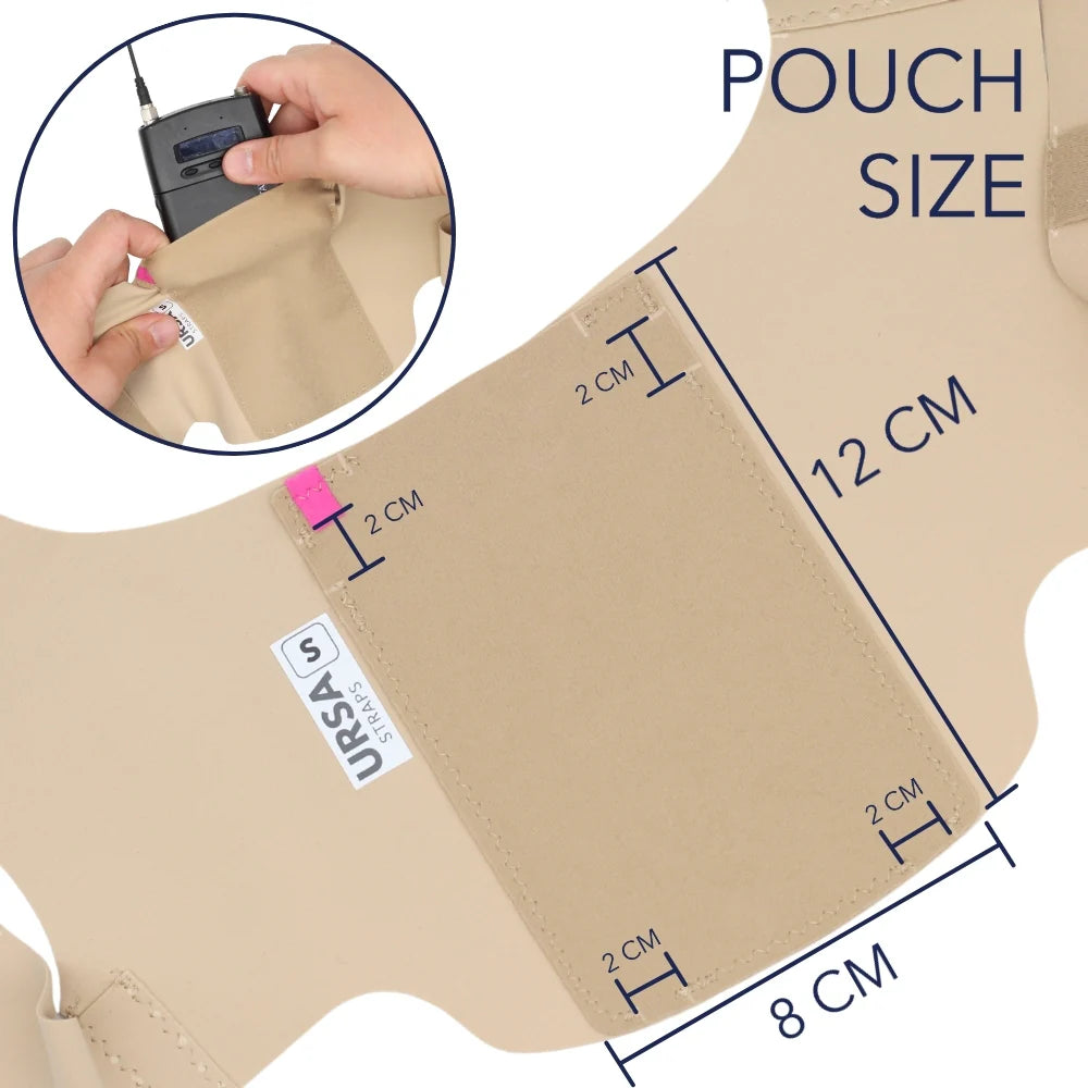 Beige strap-on pouch with side pocket and adjustable attachment loop