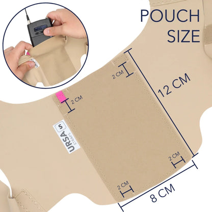 Beige strap-on pouch with side pocket and adjustable attachment loop