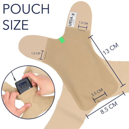 Beige back strap with pouch size measurements and Velcro attachment points