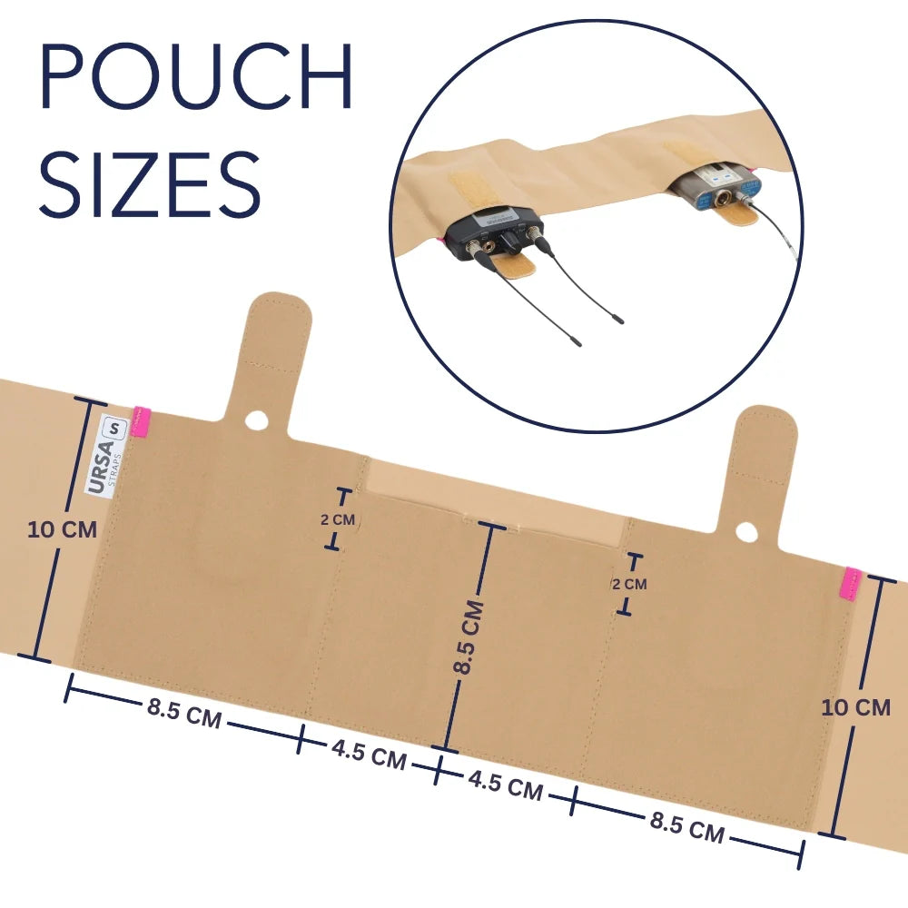 Beige double pouch waist strap size diagram with cable hole positions