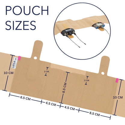 Beige double pouch waist strap size diagram with cable hole positions
